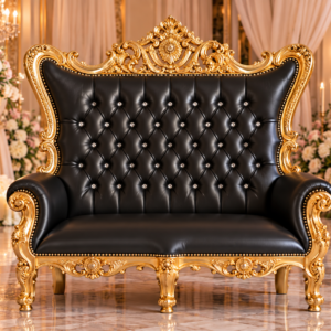 Black & Gold Leatherette Double Royal Throne Chair