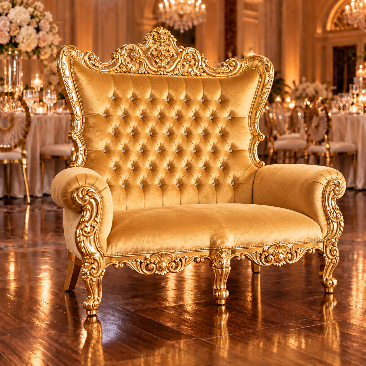 Champagne Gold Velvet Double Royal Throne Chair