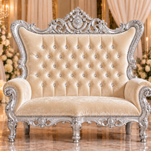 Champagne Ivory Velvet Double Royal Throne Chair with Silver Frame