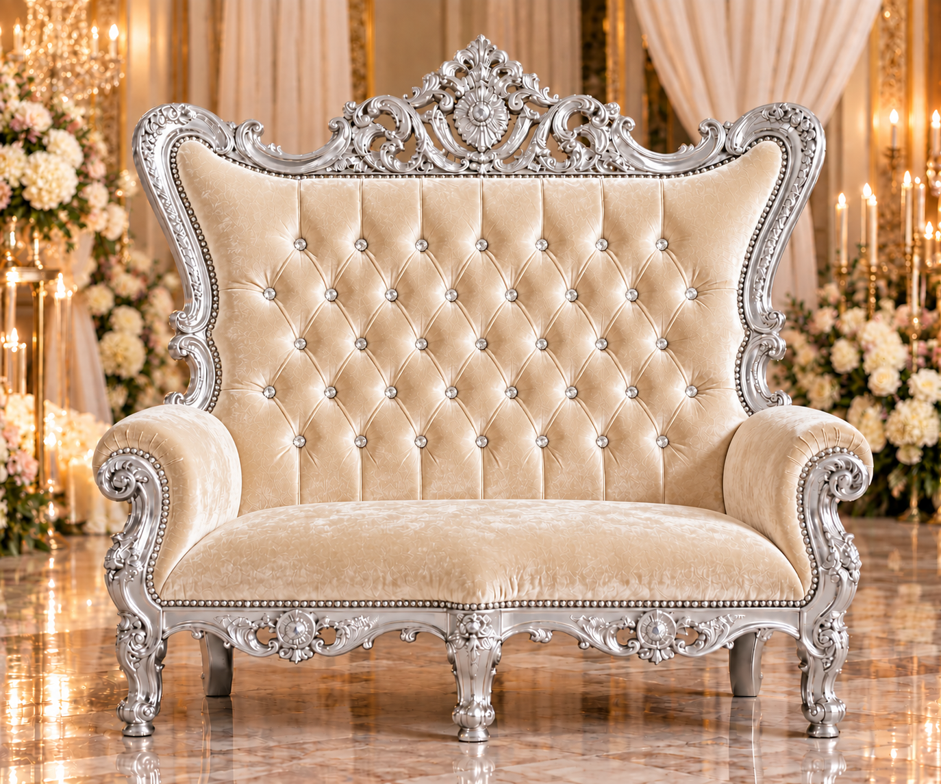 Champagne Ivory Velvet Double Royal Throne Chair with Silver Frame