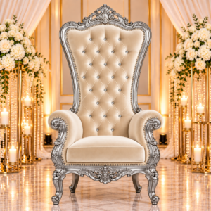 Champagne Ivory Velvet Single Royal Throne Chair with Silver Frame