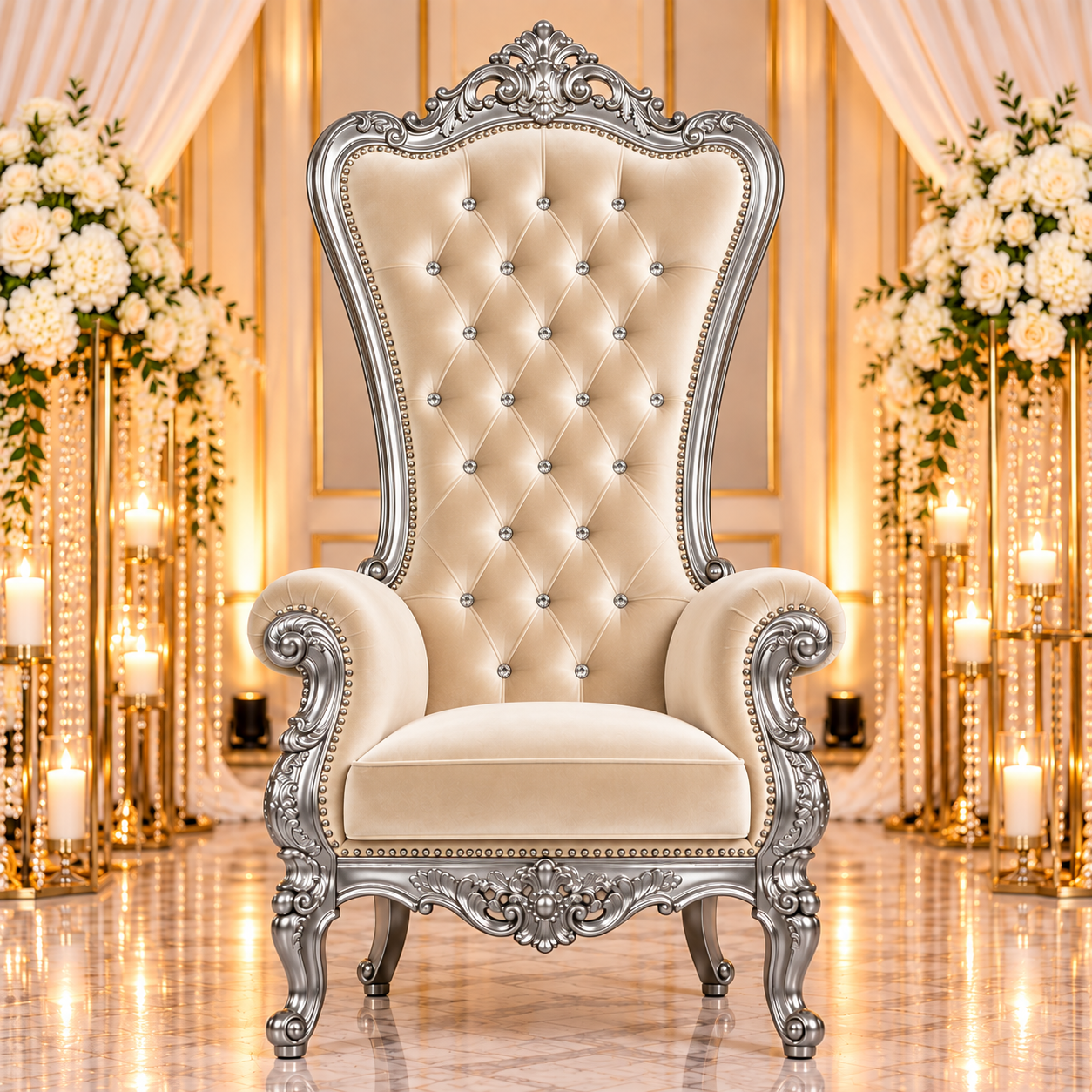 Champagne Ivory Velvet Single Royal Throne Chair with Silver Frame