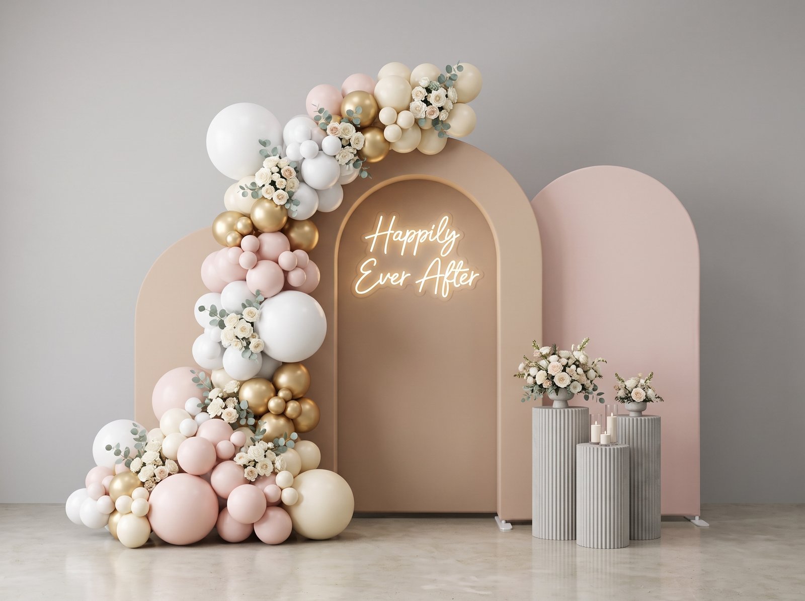 Custom Chiara Backdrop with Neon Sign and Balloons