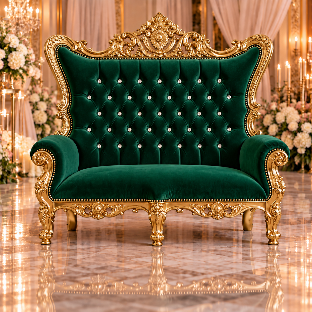Emerald Green Velvet Leatherette Double Royal Throne Chair