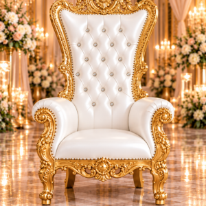 Gold & White Leatherette Single Royal Throne Chair