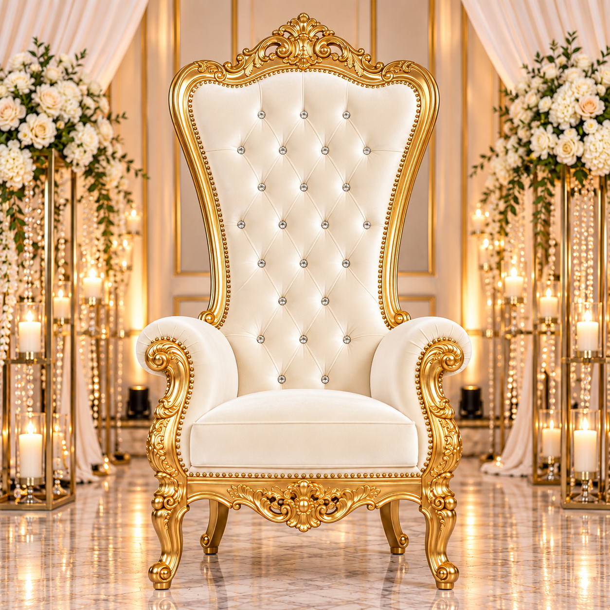 Ivory Cream Velvet Single Royal Throne Chair
