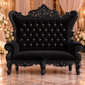 Midnight Black Velvet Leatherette Double Royal Throne Chair