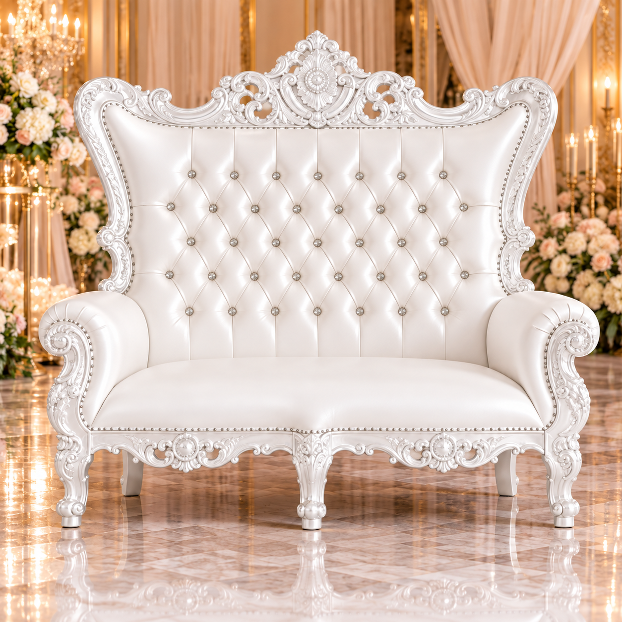 Champagne Ivory Velvet Double Royal Throne Chair with Silver Frame - Image 12