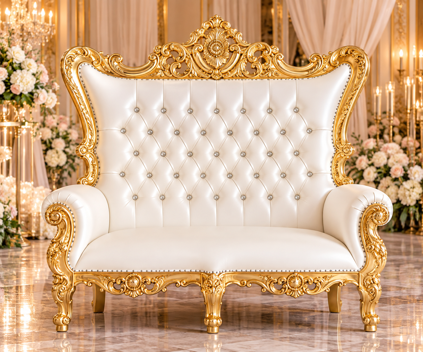 Champagne Ivory Velvet Double Royal Throne Chair with Silver Frame - Image 10
