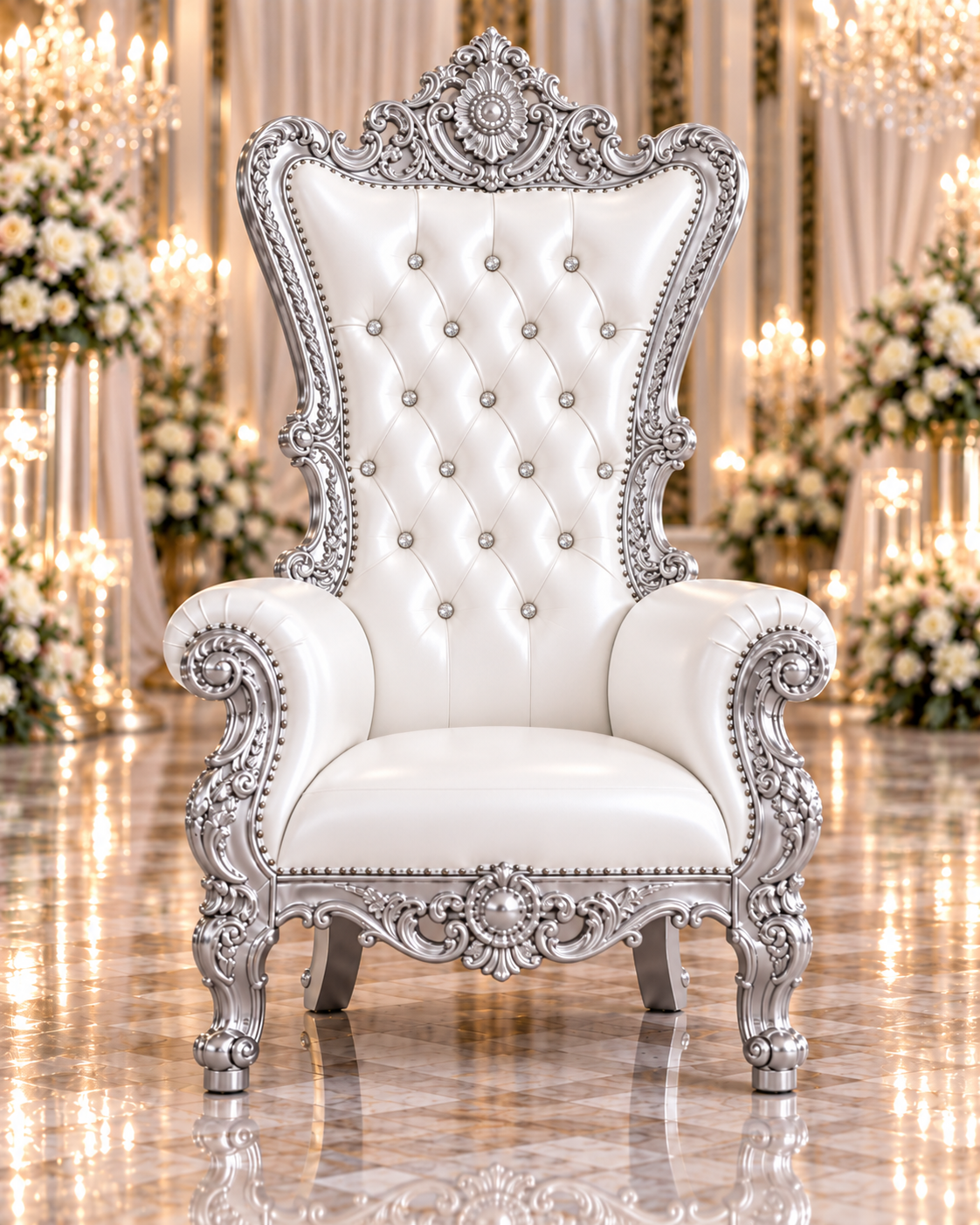 Champagne Ivory Velvet Single Royal Throne Chair with Silver Frame - Image 3