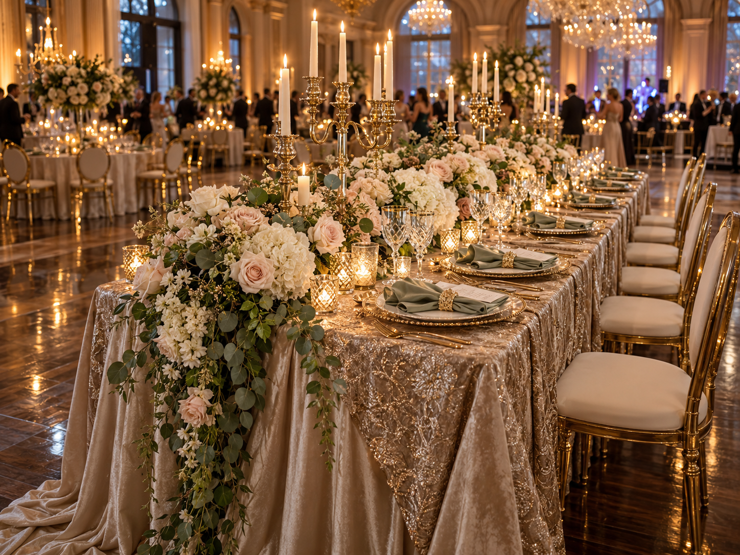 Luxury wedding reception table and linen setup