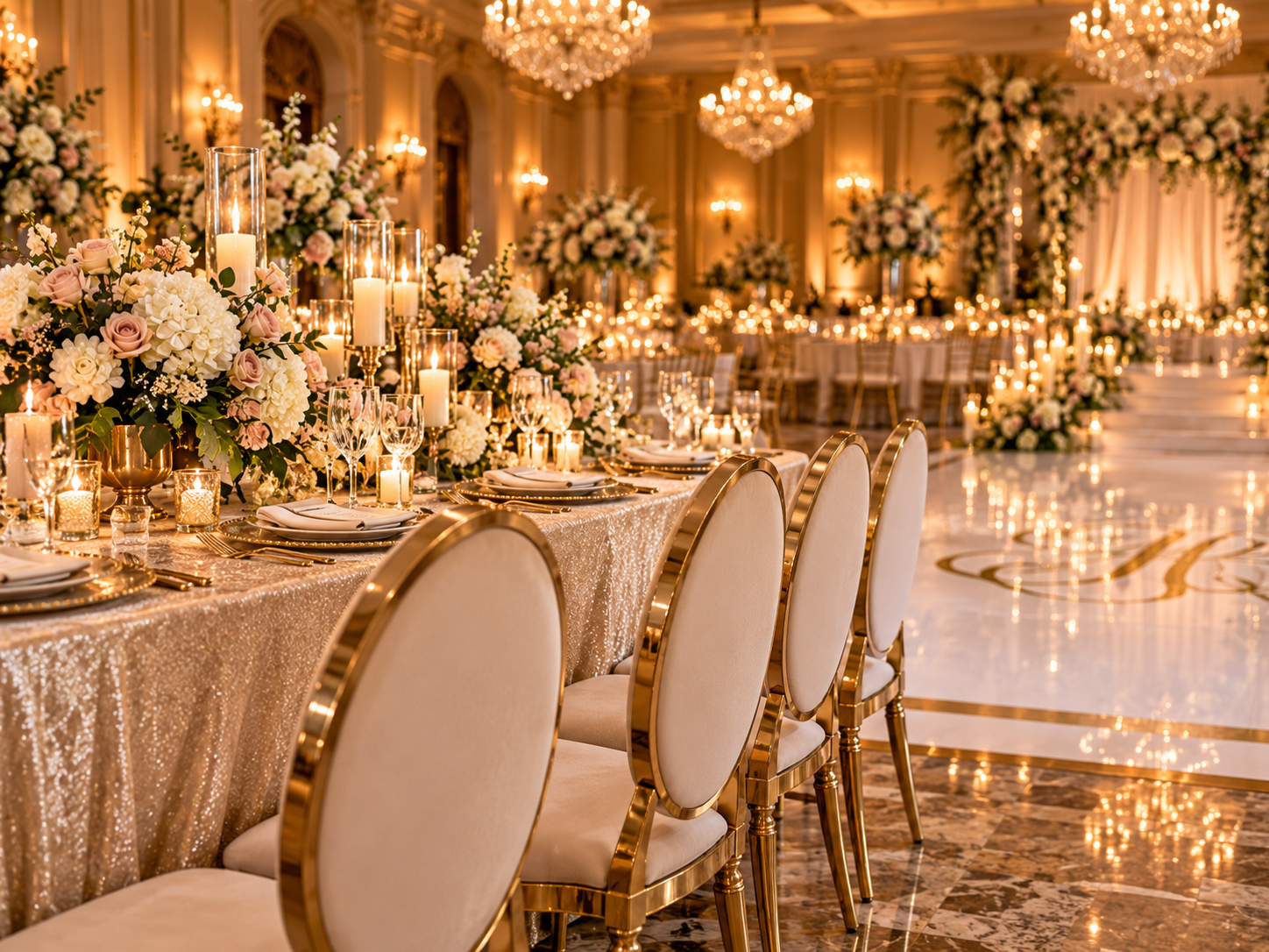 Elegant gold event seating and candlelit wedding reception