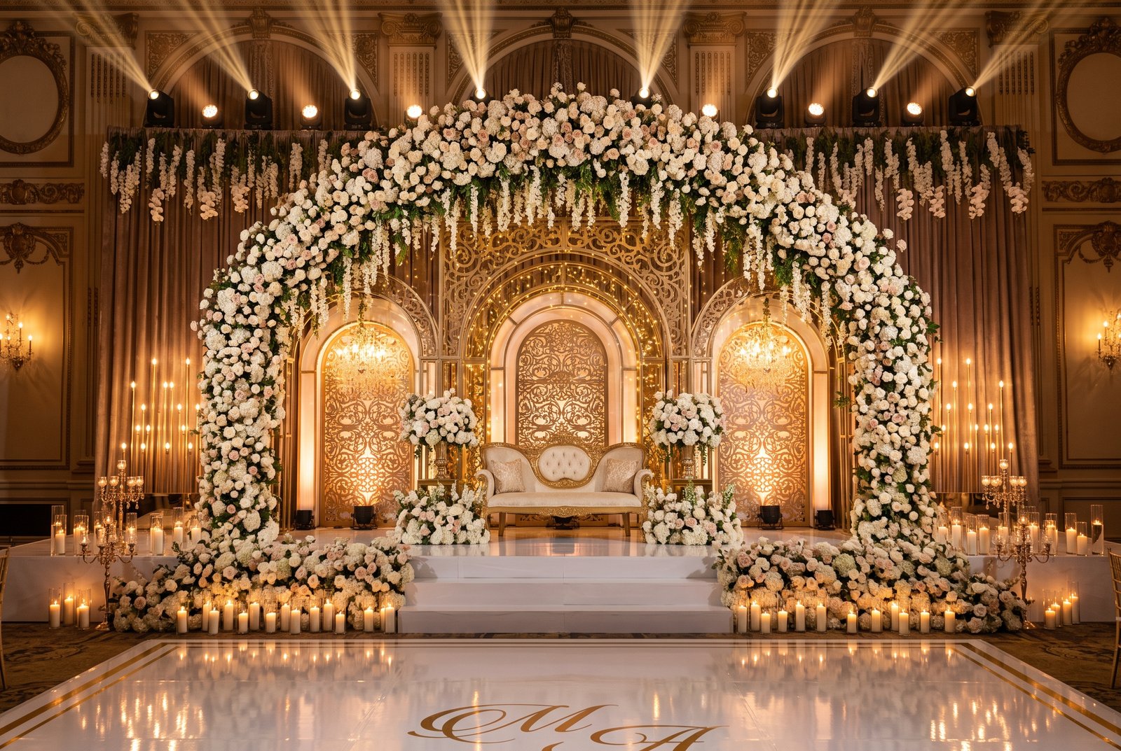 Luxury dramatic wedding stage and floral backdrop