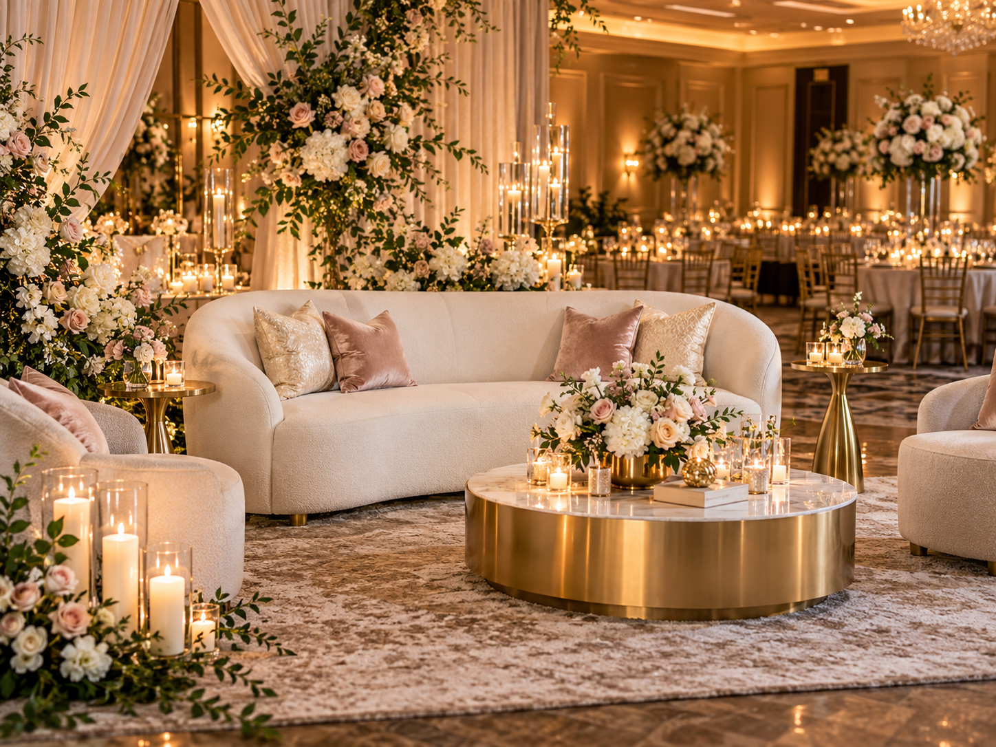 Romantic blush and gold luxury wedding lounge setup