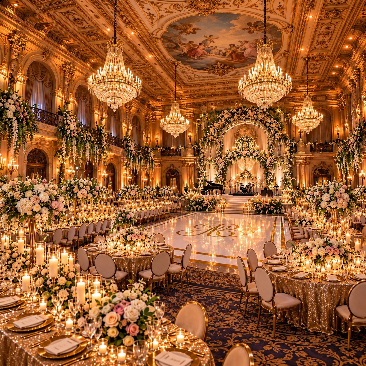 Luxury full ballroom wedding reception setup